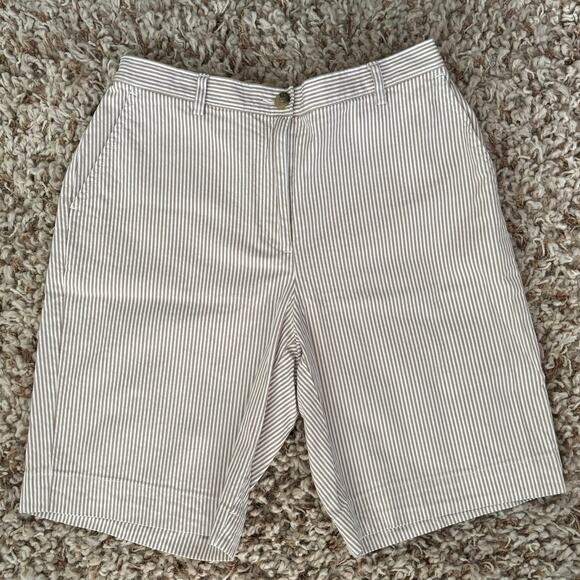 Lands End Size 6P 6 Petite Striped Seersucker Bermuda Shorts High Rise Tan White - Picture 1 of 5